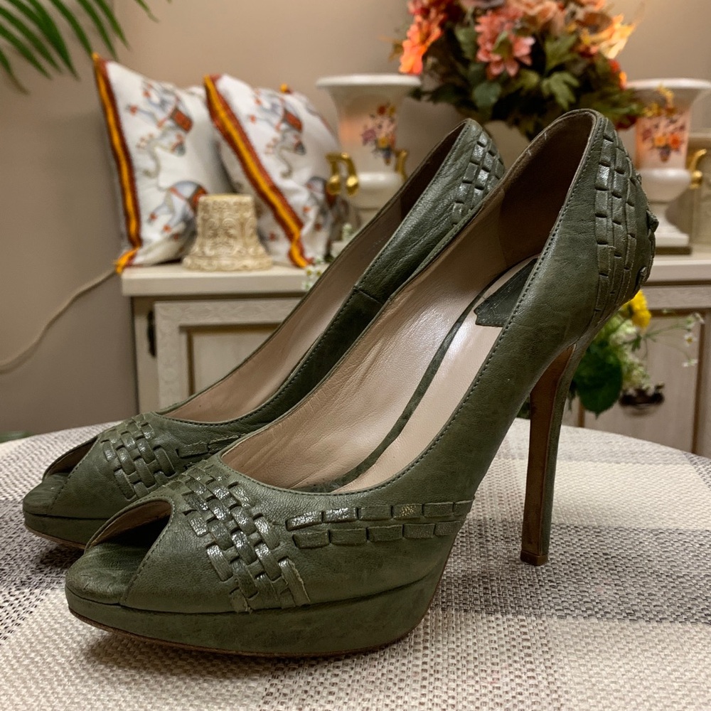 Christian Dior Olive Green Leather Peep Toe Pumps Size 36